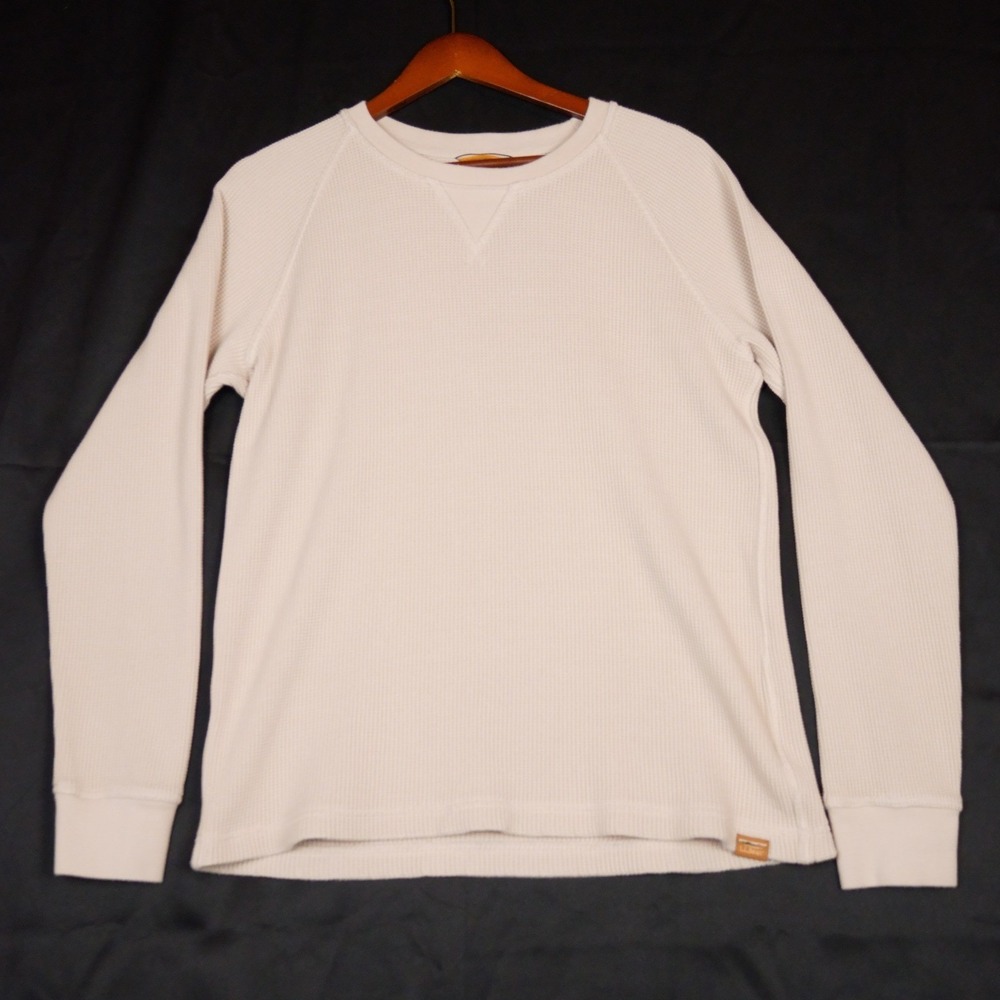 LL Bean Signature Thermal Shirt Mens L Beige Waffle Knit Slim Fit Raglan Cotton